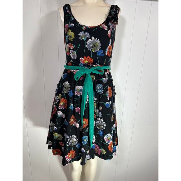 Moulinette Soeurs Floral Tank Flare Sun Dress SZ 10 Pockets Tie Waist Zip Back - Picture 1 of 7